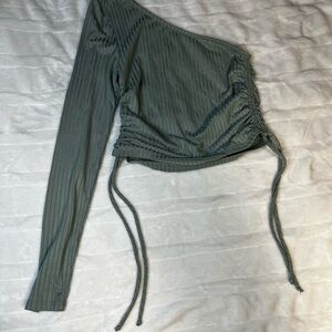 One Shoulder Olive Ribbed Crop Top with Drawstrings